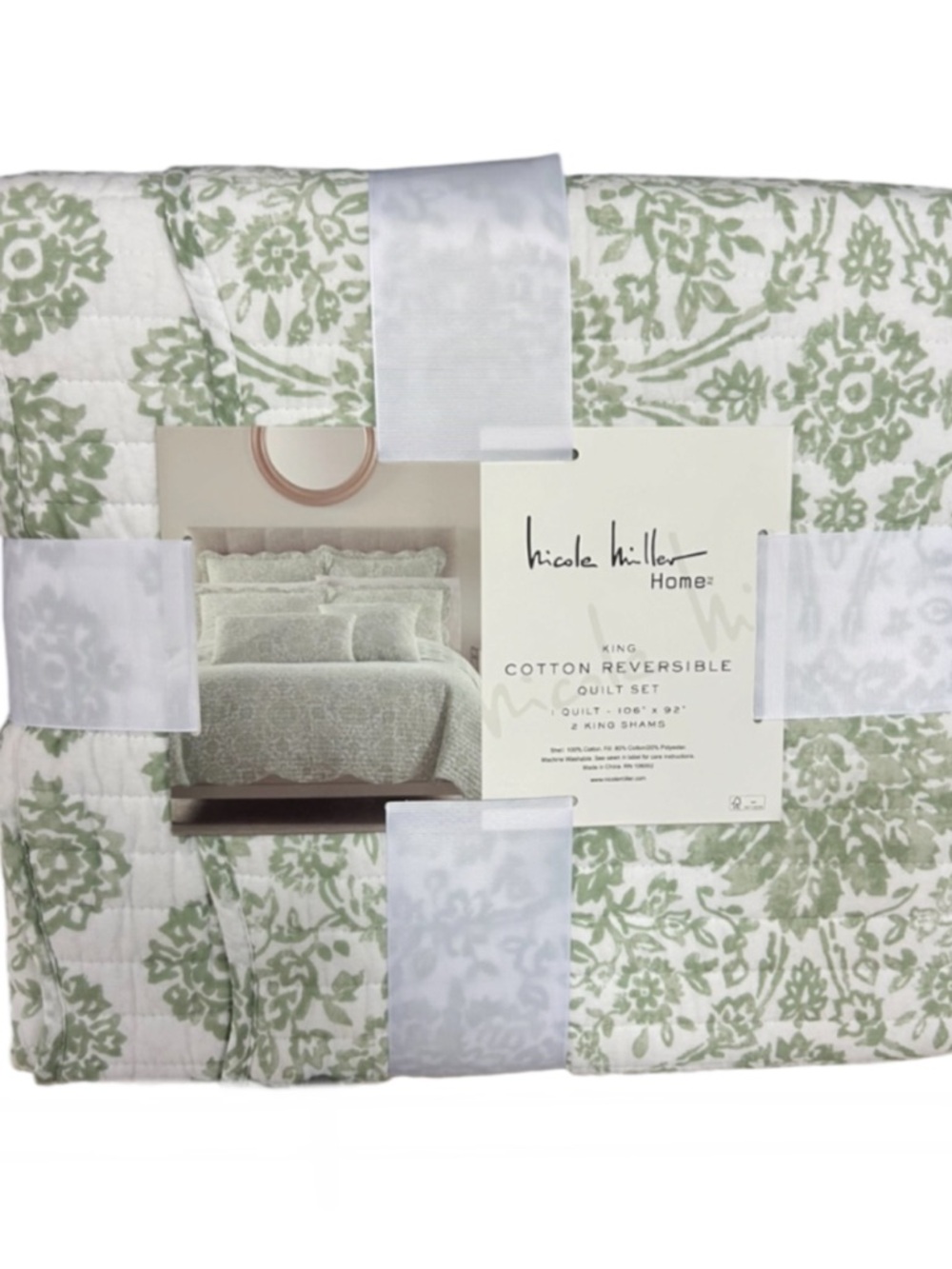 Nicole Miller Green and White King Cotton Reversible King Quilt Set 106”x92”
